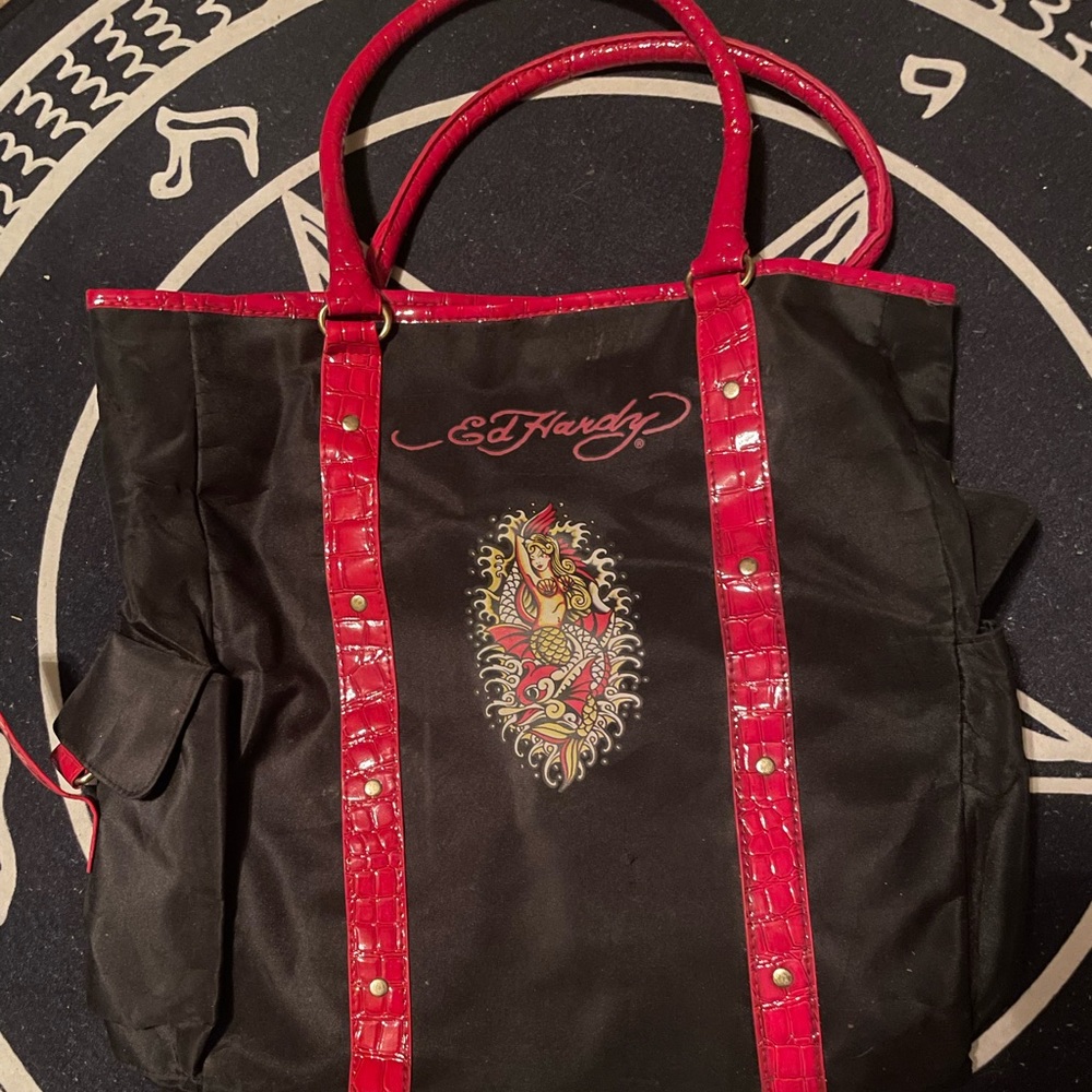 Ed Hardy Large Tote Bag Faux Croc Straps